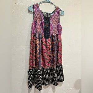 JOHNNY WAS DRESSES Silk Bohemian Tribal Print Polka Dot Ruffle Hem S